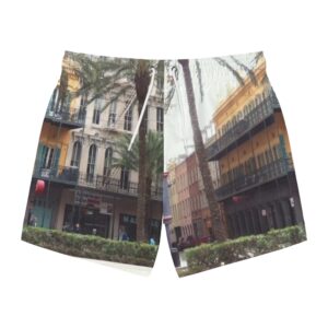 New Orleans Canal Street Photo Swim Trunks - Retro French Quarter Palm Print