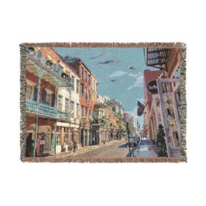 French Quarter Street Scene Woven Blanket — Vintage New Orleans Decorative Throw